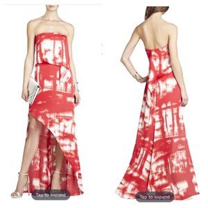 BCBGMaxAzria Red and White Strapless High-Low Maxi Dress